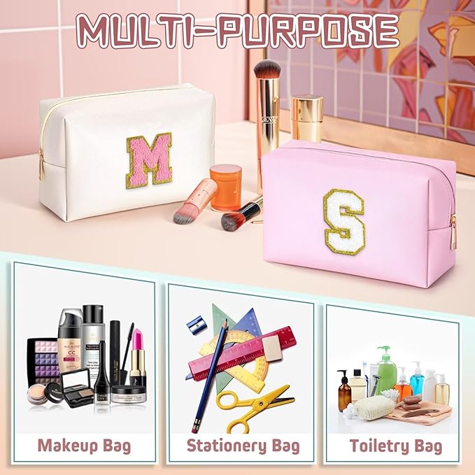 TOPEAST Preppy Stuff for Girls, Initial Makeup Bag Chenille Letter Pouch Cosmetic Bag with Zipper, PU Leather Waterproof Toiletry Bag, Cute Stuff Birthday Gift for Friends Sister (Pearly White T)