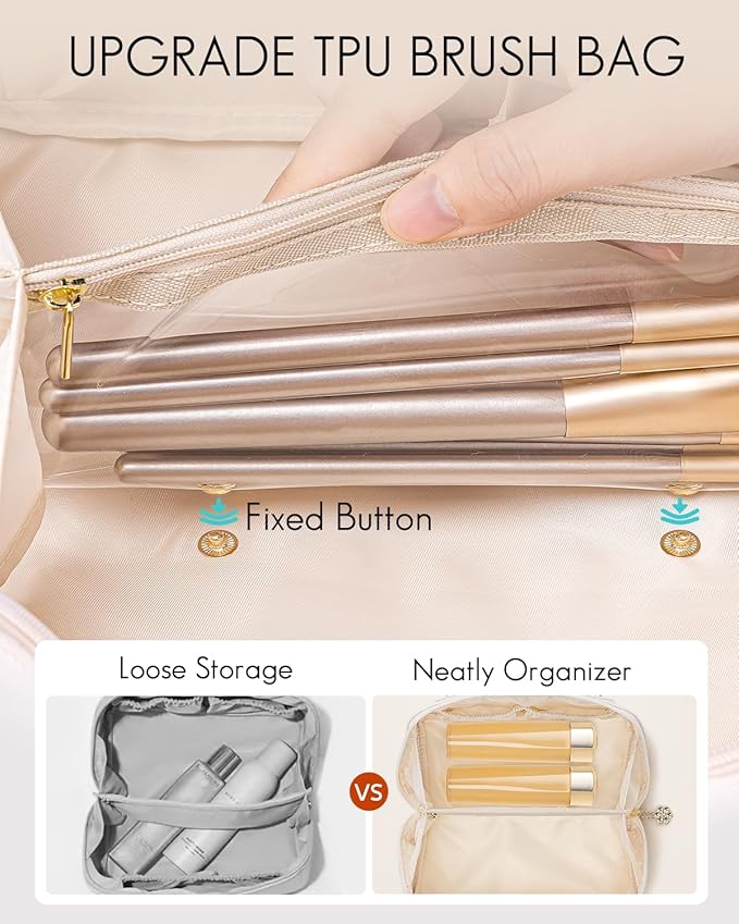 Vlando Makeup Bag,Large Capacity Toiletry Bag for Women Waterproof Portable Make up Pouch PU Leather Open Flat Cosmetic Bag(Sand Pink)