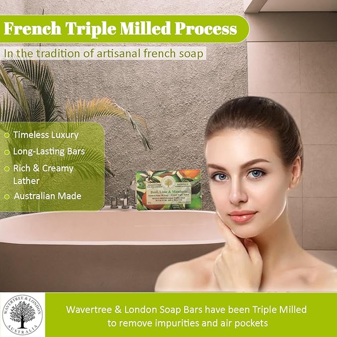 Wavertree & London Basil Lime & Mandarin Scented Natural Soap (2 Bars), 7oz Moisturizing French Triple Milled Soap Bars enriched with shea butter - Pure Plant Based Bath & Body Bars for All Skin Types