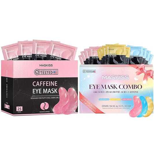 Pink Caffeine Under Eye Patches & 3 in 1 Eye Masks Gift Set, Collagen Eye Patches for Dark Circles Undereye Bags Wrinkles and Puffiness, Skin Care Gift for Her