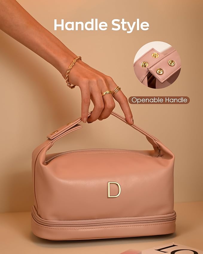 Birthday Bags for Women-Cool Gifts for College Girl, Initial Makeup Bag with Handle, Bridesmaid Bags-Cosmetic Bag, Makeup Bags Letter Travel Toiletry Bag with Makeup Brush Organizer