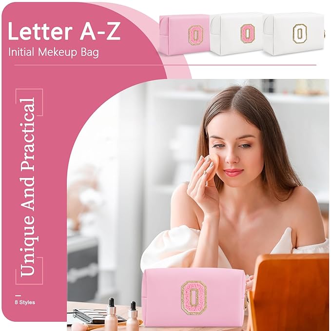 Personalized Initial A-Z Preppy Patch Makeup Bag,Small PU Leather Chenille Letter Cosmetic Bag with Zipper for Teen Girls,Pink Cute Travel Toiletry Bag,Birthday Monogrammed Gift for Daughter,Letter O
