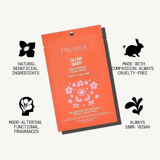 Pacifica Sheet Face Mask - Glow Baby Brightening Facial Mask w/Vitamin C, Aloe & Kelp – Cooling Mask for Dark Spots & Fine Lines - Clean Beauty Vegan & Cruelty-Free Dermatologist Tested