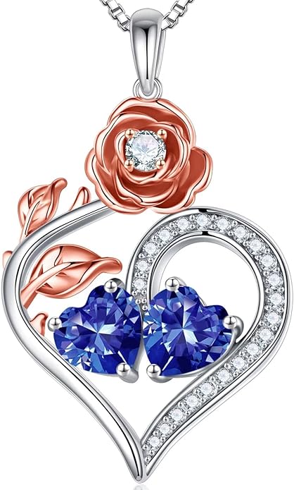 Iefil Rose Heart Birthstone Necklaces for Women - 925 Sterling Silver Double Birthstone Necklace, Anniversary Birthday Gifts for Women, Jewelry Gifts for Wife Her