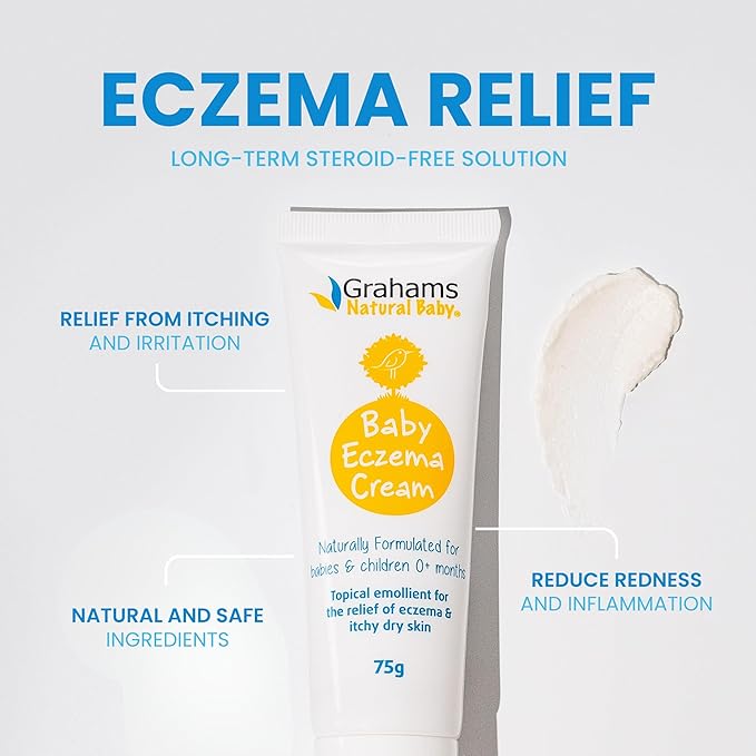 Grahams Natural Baby Eczema Cream Moisturizer for Newborn-12 Years | Rash, Redness, Dry Skin & Itch Relief | Colloidal Oatmeal & Shea Butter | Steroid-Free, Fragrance-Free for Sensitive Skin (75g)