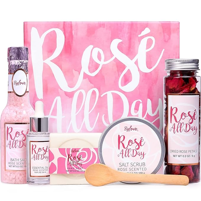 Spa Gifts for Women, Gift Set for Women, BFF LOVE 6Pcs Rose Spa Set for Women, Spa Kit with Essential Rose Oil, Bath Salt, Soap, Natural Petals, Christmas Gifts for Mom