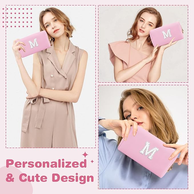 ChaoGreat Bride Gifts – Personalized Initial Makeup Bag with Pearl Rhinestone Patch, Preppy Pink Monogram Cosmetic/Toiletry Pouch, bridesmaid Gifts, Bridal Shower Gifts, Wedding Gifts, Bridal Gifts,M