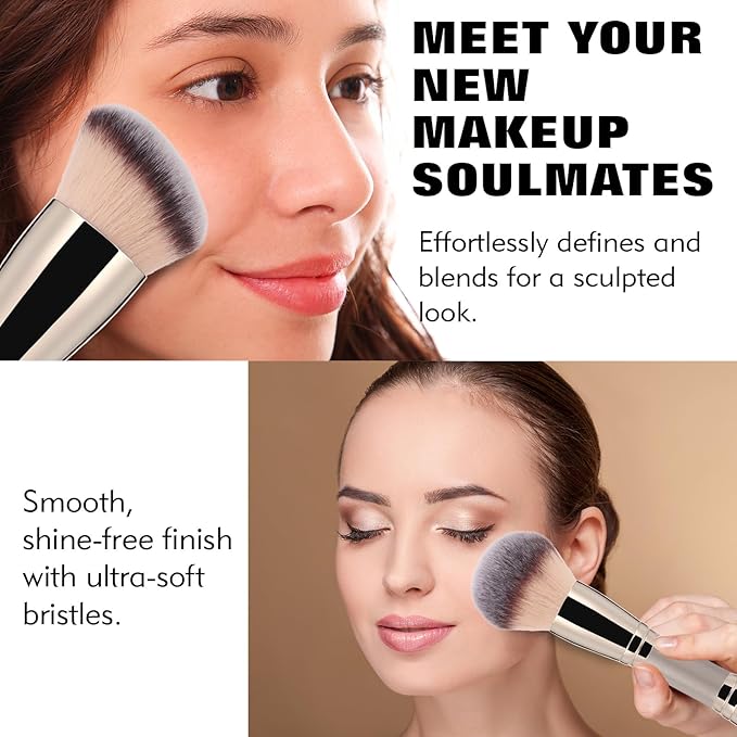 Dual-Ended Foundation Brush: Round & Angled Pro-Grade makeup brushes, 100% Vegan Synthetic Makeup Brush for Flawless Blending and Application of Liquid, Powder, Cream, Blush (Big Dual-Ended)