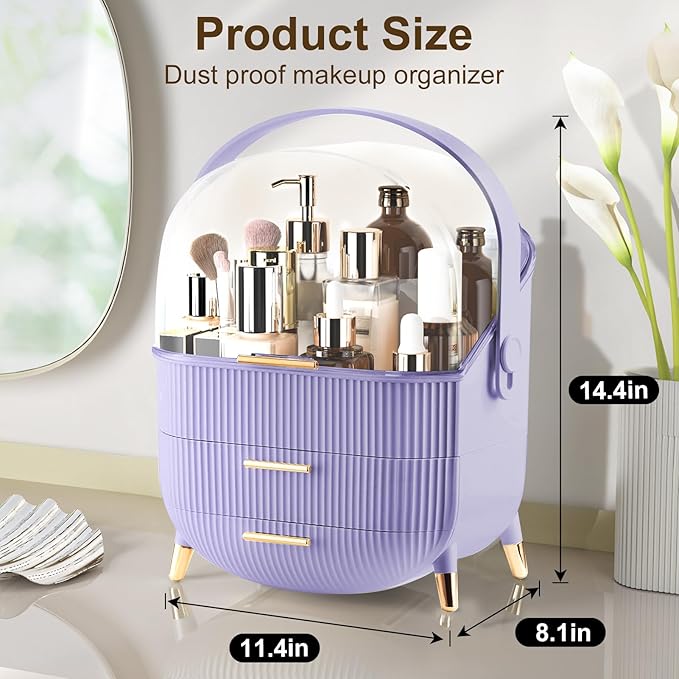 Makeup Organizer for Vanity, Make up Organizers and Storage, Cosmetics Skincare Organizers with Lid and Drawers, Cosmetic Display Cases for Countertop, Bathroom, Dresser, Ideal Gifts for Women(Purple)