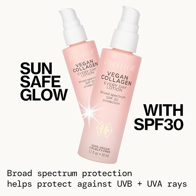 Pacifica Beauty Vegan Collagen SPF 30 Broad Spectrum Sunscreen Every Day Face Lotion, UVA/UVB Protection for All Skin Types, Lightweight, Moisturizing & Hydrating, Cruelty Free, White, 1.7 Fl Oz