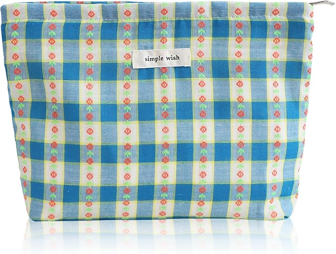 Wudygirl Cute Makeup Bag Large Capacity Cosmetic Bag Aesthetic Floral Makeup Pouch for Women Makeup Organizer Pencil Pouch Portable Toiletry Bag Zipper (Blue Floral)