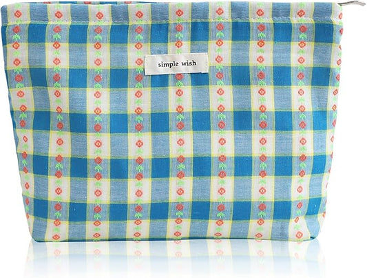 Wudygirl Cute Makeup Bag Large Capacity Cosmetic Bag Aesthetic Floral Makeup Pouch for Women Makeup Organizer Pencil Pouch Portable Toiletry Bag Zipper (Blue Floral)