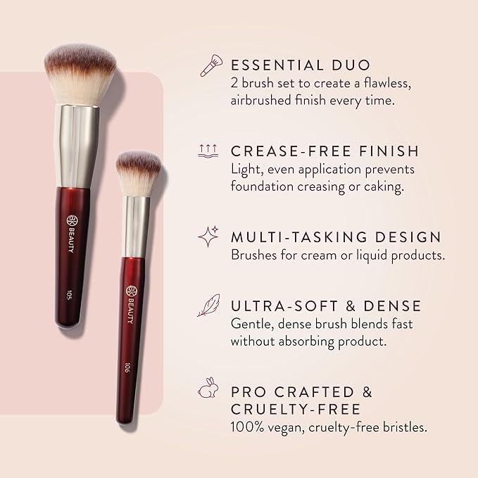 BK BEAUTY - LARGE BUFFER & ROUND FOUNDATION (2PC) - Professional Makeup Brush Set for Liquid or Cream Foundations, Powder & Blush | Premium Face Brushes for Flawless Application