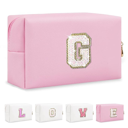 Small Personalized Initial A-Z Patch Makeup Bag,Pink Cute PU Leather Glitter Letter Cosmetic Bag for Teen Girls,Travel Toiletry Bag with Zipper,Preppy Monogrammed Birthday Gift for Daughter Niece G