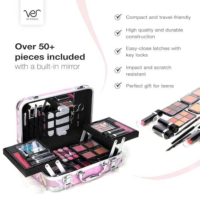 VER Beauty 61 pcs All-In-One Makeup Kit For Woman, Girls & Teens, Full Kit, Makeup Gift Set Eyeshadow Lipstick Lip Gloss Multi-Color Lip Balm Rouge Nail Enamel Mascara Tweezer Scissor Filer (Pink)
