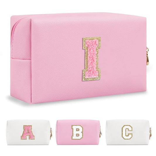 Personalized Initial A-Z Preppy Patch Makeup Bag,Small PU Leather Chenille Letter Cosmetic Bag with Zipper for Teen Girls,Pink Cute Travel Toiletry Bag,Birthday Monogrammed Gift for Daughter,Letter I