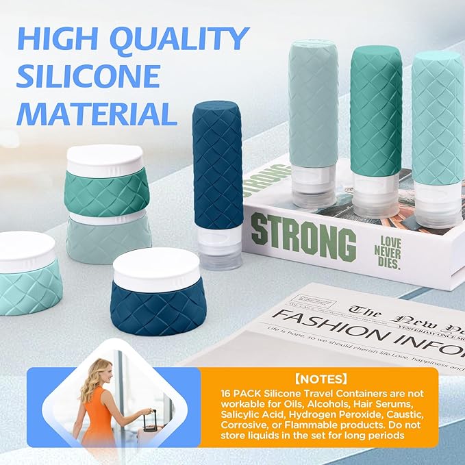 16 Pack Travel Bottles for Toiletries, TSA Approved Travel Size Toiletries Containers Set, BPA-Free Silicone Leak Proof Refillable Bottles Stackable Creams Jars Accessories Kit W/Clear Bag Mint Green