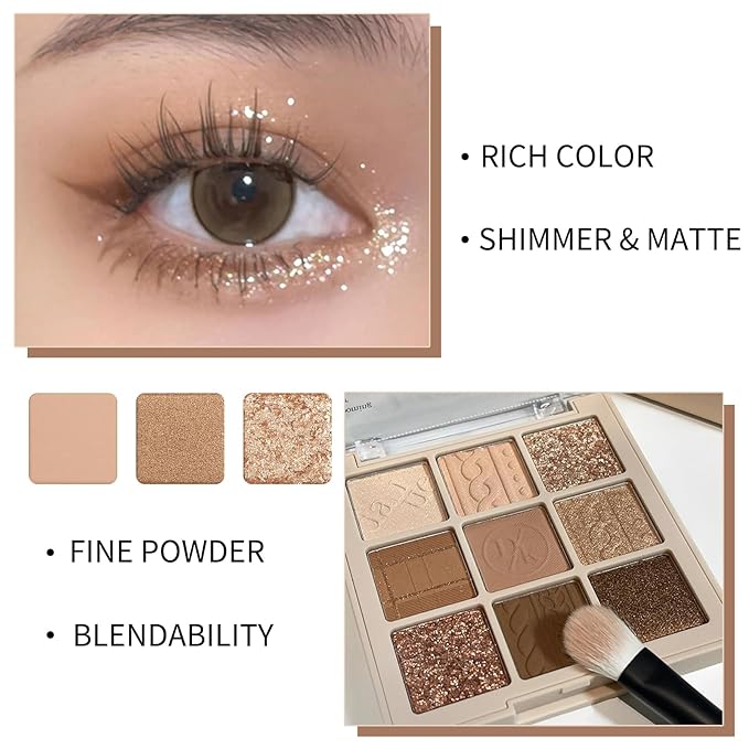 Erinde 9 Colors Eyeshadow Palette, Matte Shimmer Glitter Eye Shadow Makeup Palette, Highly Pigmented Long Lasting Waterproof, Natural Neutral Nude Eyeshadow Makeup Pallet, Cashmere