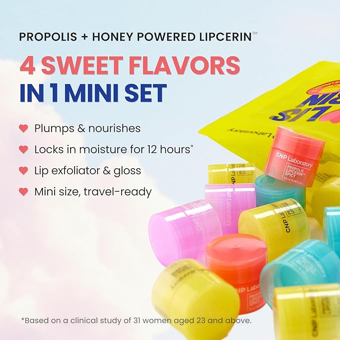 CNP Honey Lip Butter Mini Set – Propolis Lipcerin™ Travel-Size (4 Flavors), Hydrating Overnight Manuka Lip Balm & Mask, 12hrs Long-lasting Moisture, Gifts for Women, Korean Skincare