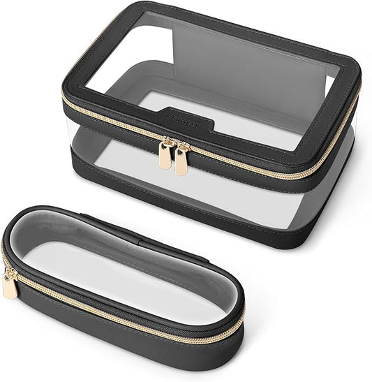 Travel Clear Makeup Bag with Makeup Brush Bag, Leather Makeup Case Toiletry Bag, Portable Cosmetic Bag Case, Transparent Waterproof Cosmetic Organizer Storage Bag for Women, Medium, Black