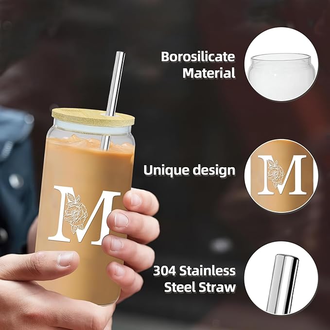 Birthday Gifts for Women,Initial Canvas Tote Bag,Gifts for Women,16oz Initial Glass Cup,Makeup Bag with Zipper,Jewelry Organizer Box,Personalized Gift for Mom-M