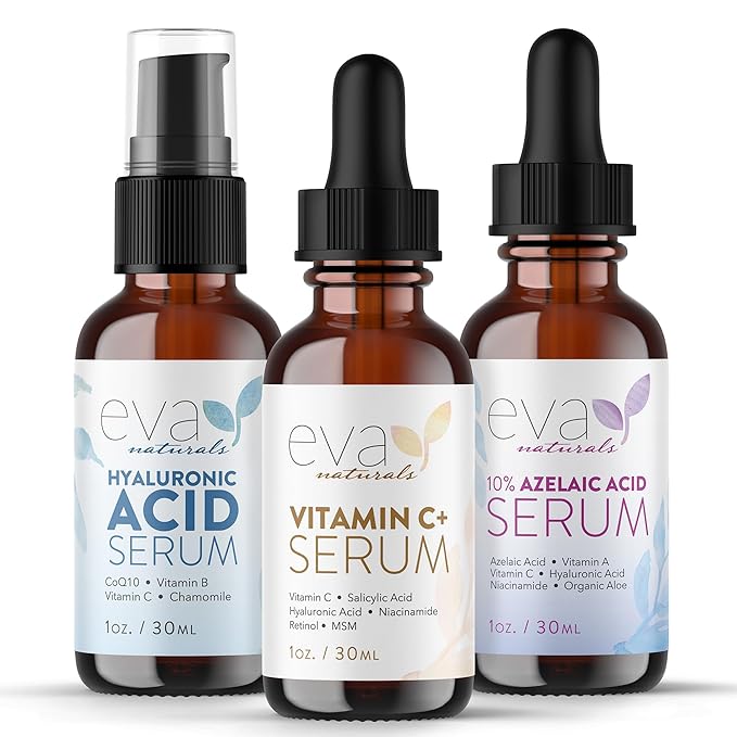 Eva Naturals Radiant Skin Serum Trio – Vitamin C+, Hyaluronic Acid & Azelaic Acid | Anti-Aging & Hydrating Face Serums for Dark Spots, Fine Lines, Acne & Redness