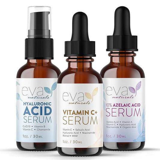 Eva Naturals Radiant Skin Serum Trio – Vitamin C+, Hyaluronic Acid & Azelaic Acid | Anti-Aging & Hydrating Face Serums for Dark Spots, Fine Lines, Acne & Redness