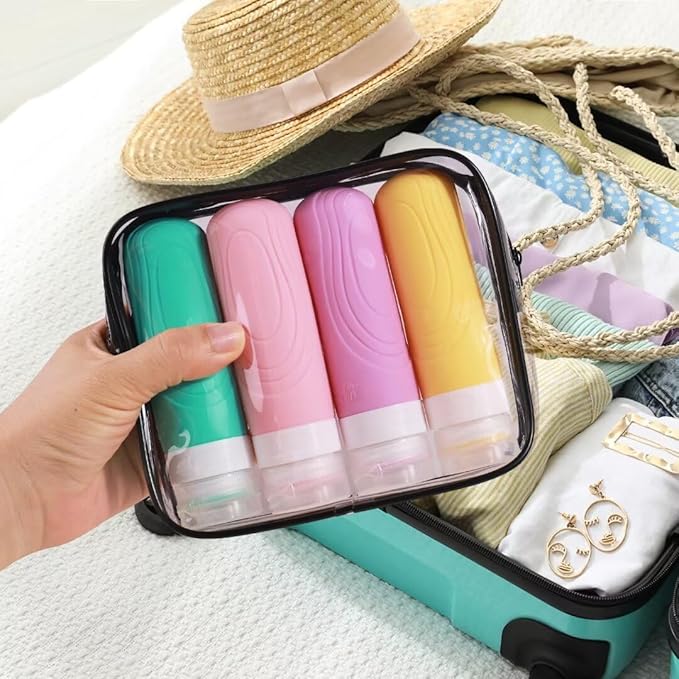 GLAMFIELDS Travel Bottles for Toiletries, 3oz Size TSA Approved Leak Proof Silicone Containers for Shampoo, Conditioner,Easy to Squeeze and Portable, Essentials for Traveling (4 Pack) Macaron