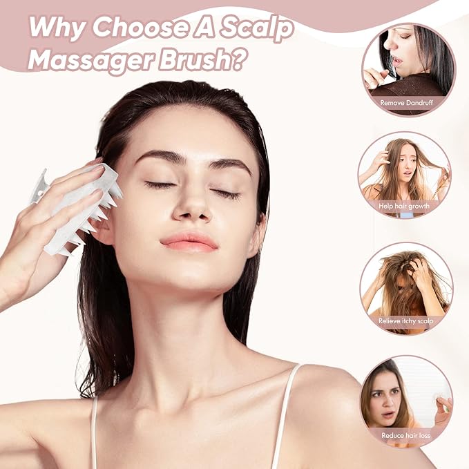 URTHEONE Scalp Massager Shampoo Brush, Hair Scalp Scrubber Head Massager with Soft Silicone Bristles for Women Men Kids Pets Shower and Hair Growth(Beige) Includes 5 Pcs Hair Ties