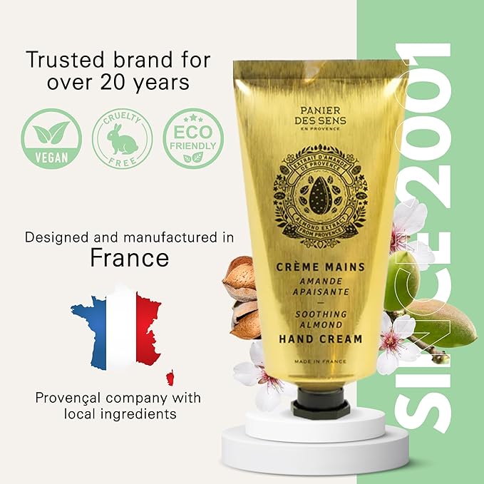 Panier des Sens - Hand Cream for Dry Cracked Hands - Almond Hand Lotion with Sweet Almond Oil & Shea Butter - Vitamin E Skin Moisturizer with 97% Natural Ingredients - Made in France, 2.5 fl oz