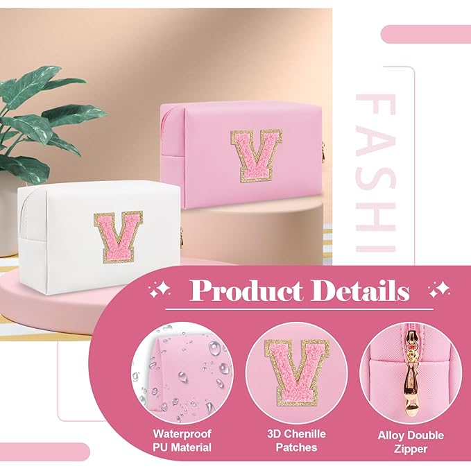 Personalized Initial A-Z Preppy Patch Makeup Bag,Small PU Leather Chenille Letter Cosmetic Bag with Zipper for Teen Girls,Pink Cute Travel Toiletry Bag,Birthday Monogrammed Gift for Daughter,Letter V