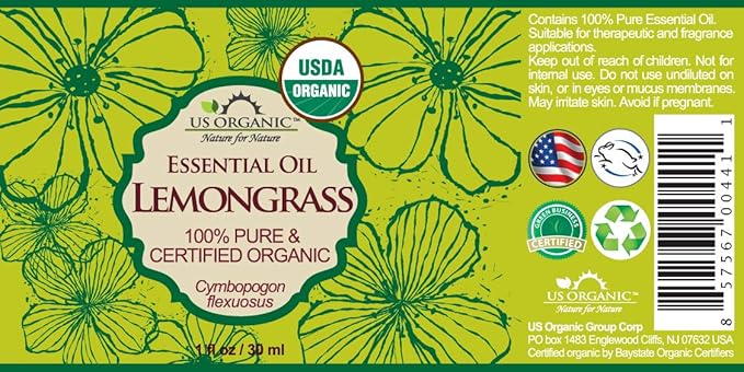 US Organic 100% Pure Lemongrass Essential Oil, USDA Certified Organic, Extracted by Steam Distillation Method, for Hair, Nail Polish Remover, Bees Attraction, and More. 30 ml