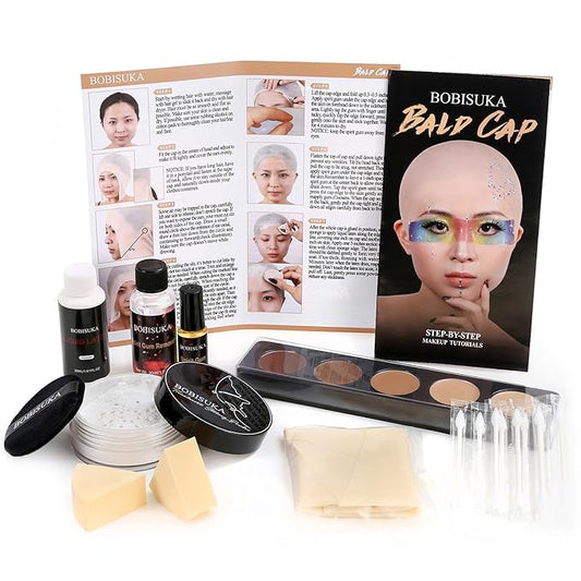 Bald Cap Halloween Makeup Kit for Men & Woman, Complete Bald Cap Costume Character Set, Realistic Bald Cap Kits for Cosplay Make Up, SFX Makeup, Dress-Up Party, Stage, Theater & Film