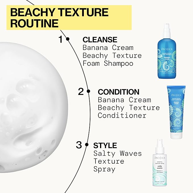 Pacifica Banana Cream Beachy Texture Foam Shampoo – Texturizing Foaming Shampoo for Beachy Waves, Adds Volume & Tousled Look, Sulfate-Free Deep Clean Beauty Vegan & Cruelty-Free Dermatologist Tested