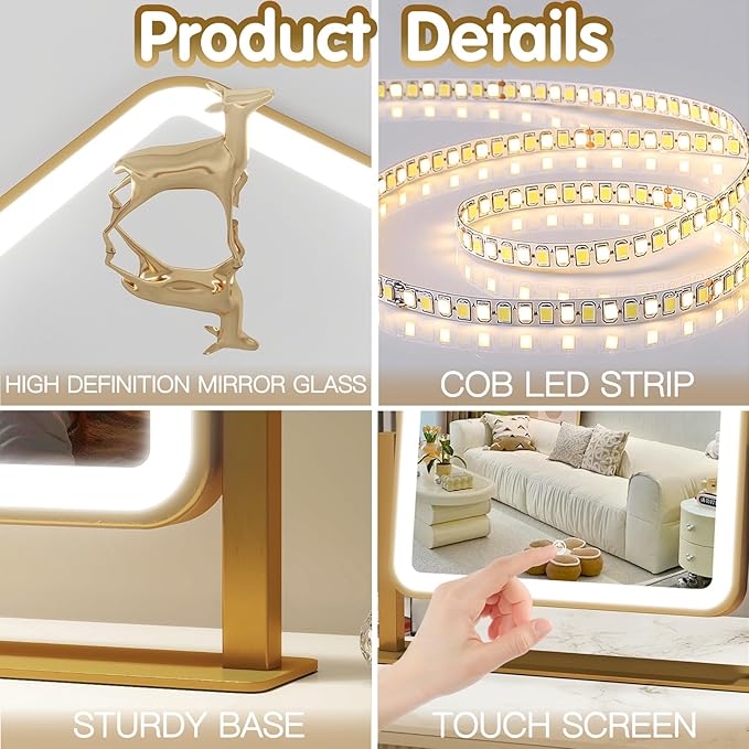 FENNIO Vanity Mirror with Lights 14x12 Inch - Makeup Mirror with Lights Tabletop, 3-Color Dimmable Lighted Mirror, Touch Control Desktop Mirror for Women (Gold)