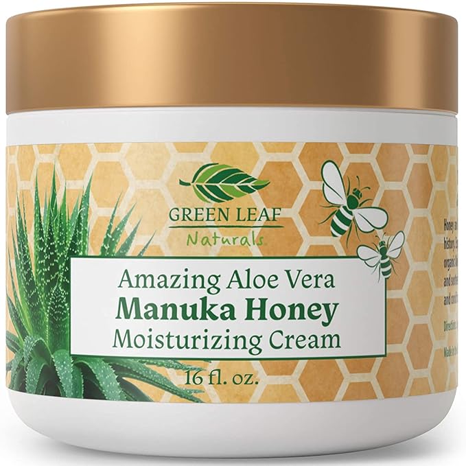 Green Leaf Naturals - Manuka Honey Face Cream - 16oz -Aloe Vera - Jojoba Oil Infused - Body Cream - Gluten Free Moisturizer for Kids & Adults - Nourishing Skin Care