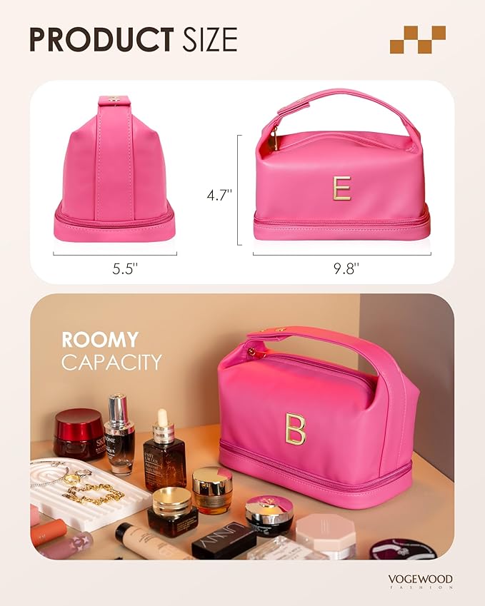 Gifts for Daughter, Personalized Makeup Bag Organizer with Handle, Initial Double Layer Cosmetic Bag with Makeup Brush Organizer, Cute Cosmetic Pouch for Women, Gifts for College Girls