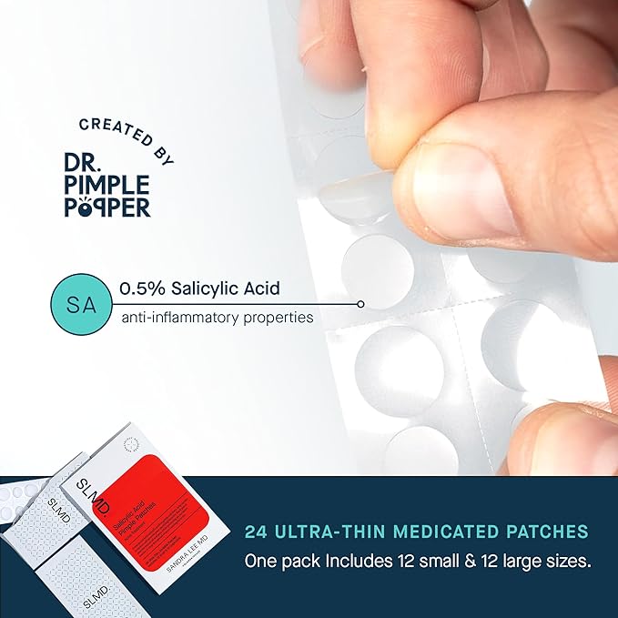 SLMD by Dr. Pimple Popper Salicylic Acid Pimple Patches - Treat Acne and Improve the Appearance of Dark Spots - Thin Transparent Patches with Salicylic Acid - 2 Sizes (24 count)