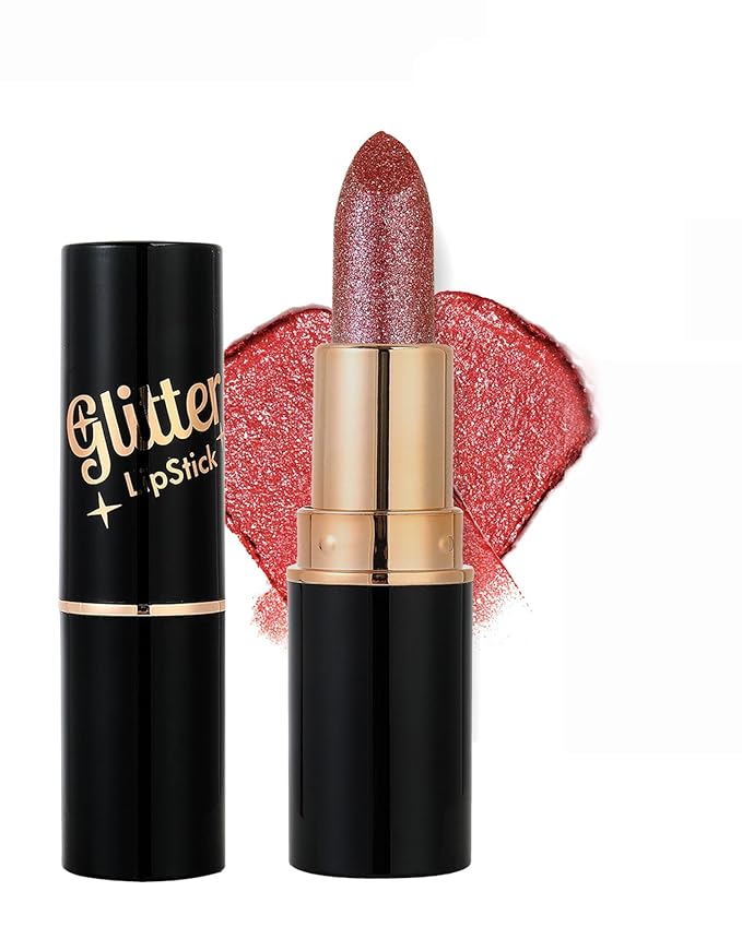 Red Metallic Glitter Lipstick Long Lasting, Diamond Nude Shimmer Lip Gloss High Pigmented Brown Matte Lip Stick for Women, Sparkling Shiny Transfer Proof Non Stick Tinted Lip Color Balm Makeup-05