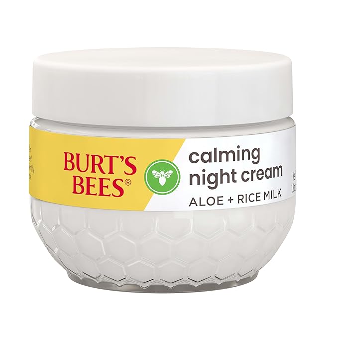 Burt's Bees Calming Night Cream With Aloe and Rice Milk, Face Moisturizer For Sensitive Skin Infuses Skin With Moisture While You Sleep, 98.8 Percent Natural Origin Skin Care, 1.8 oz. Tub