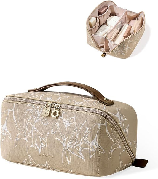EACHY Travel Makeup Bag, Large Capacity Cosmetic Bags for Women, Waterproof Portable Pouch Open Flat Toiletry Bag Pattern Makeup Bag (F-Brown)