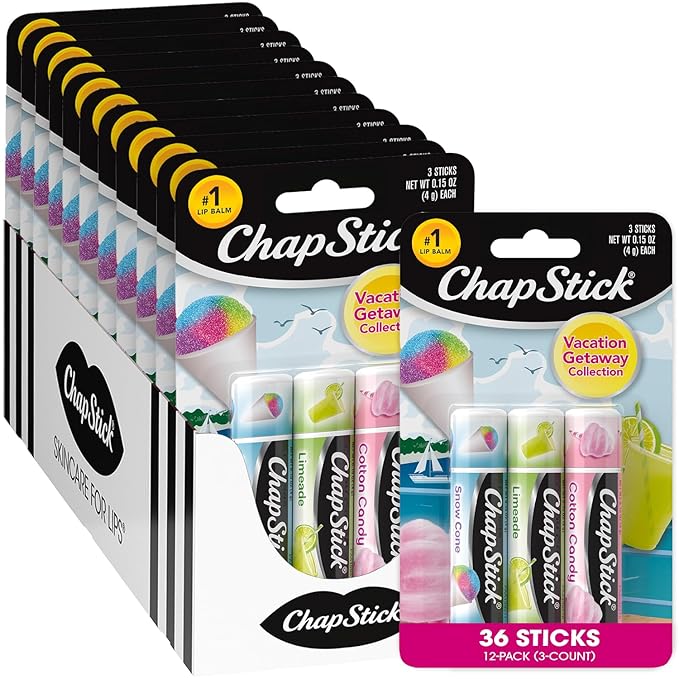 ChapStick Bulk Lip Balm, Vacation Getaway Collection, 3-Packs (12 Sets/36 Tubes) – Fun & Flavorful Lip Care, Birthday Gifts, Party Favors, Stocking Stuffers, 0.15 Oz Ea