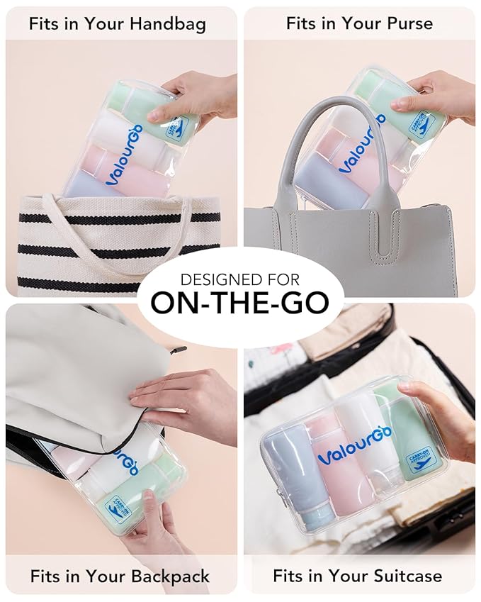 Valourgo Travel Bottles for Toiletries Tsa Approved Travel Size Containers BPA Free Leak Proof Travel Tubes Refillable Liquid Travel Accessories for Cosmetic Shampoo and Lotion Soap for travel, 4Pcs