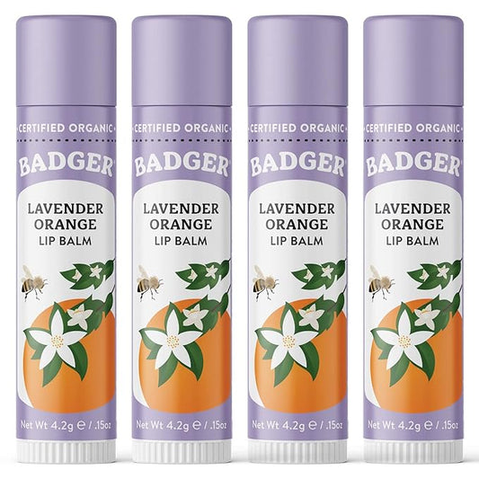 Badger Lavender Orange Classic Lip Balm, 100% Organic Balm, Long Lasting Lip Care w/Light Silky Texture, Uplifting Orange & Calming Lavender Lip Balm, 4 Pack
