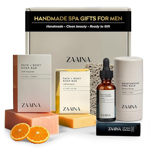 ZAAINA Men’s Self Care Kit – Luxury Spa Gift Set for Men with Face Serum, Soaps, Heel Balm & Lip Balm – Natural Grooming Care Package for Men – Birthday & Relaxation Spa Kit (Deluxe Set)
