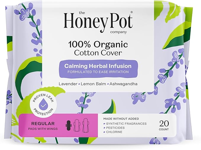 Honey Pot 100% Organic Cotton Cover Calming Herbal Infusion Regular Pads, 20 Count