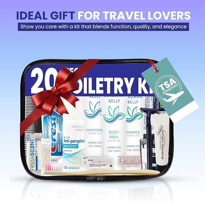 Trektote Travel Toiletry Kit for Men and Women – 20 Piece Set of Travel Size Toiletries, TSA Compliant, Includes Shampoo and Conditioner, Body Wash, Toiletry Bag & More