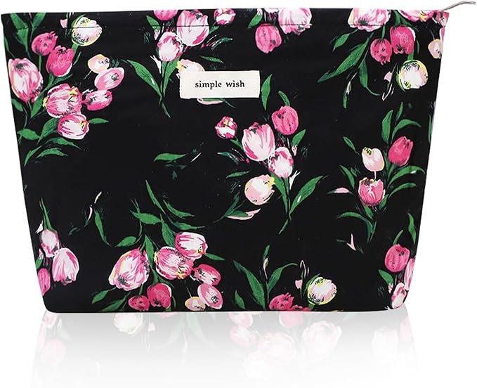 Wudygirl Makeup Bag Aesthetic Makeup Pouch Toiletry Bag Canvas Cosmetic Bag for Women and Girls Large Capacity Travel Makeup Bag Cute Pencil Pouch with Zipper (Black and Red Floral)