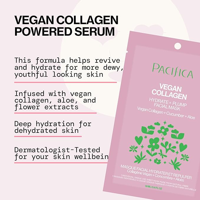 Pacifica Sheet Face Mask - Vegan Collagen Hydrate & Plump with Cucumber & Aloe – Moisturizing Mask for Dry & Aging Skin - Clean Beauty Vegan & Cruelty-Free Dermatologist Tested