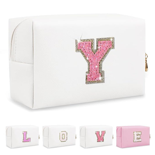Small Initial Patch Makeup Bag Personalized Gifts Make Up Bag,White Cute PU Leather Glitter Letter Cosmetic Bag with Zipper,Trendy Portable Travel Toiletry Pouch,Preppy Stuff for Teen Girls Women Y
